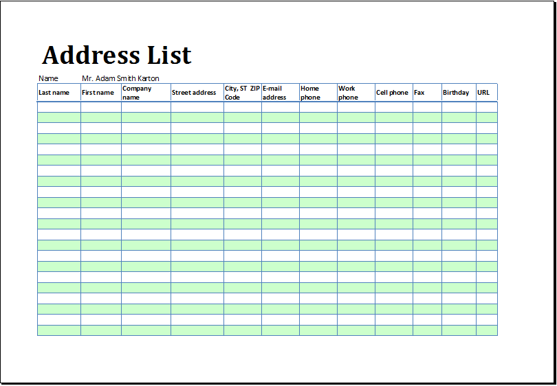 Printable Address List/Book Template for MS Excel Excel Templates