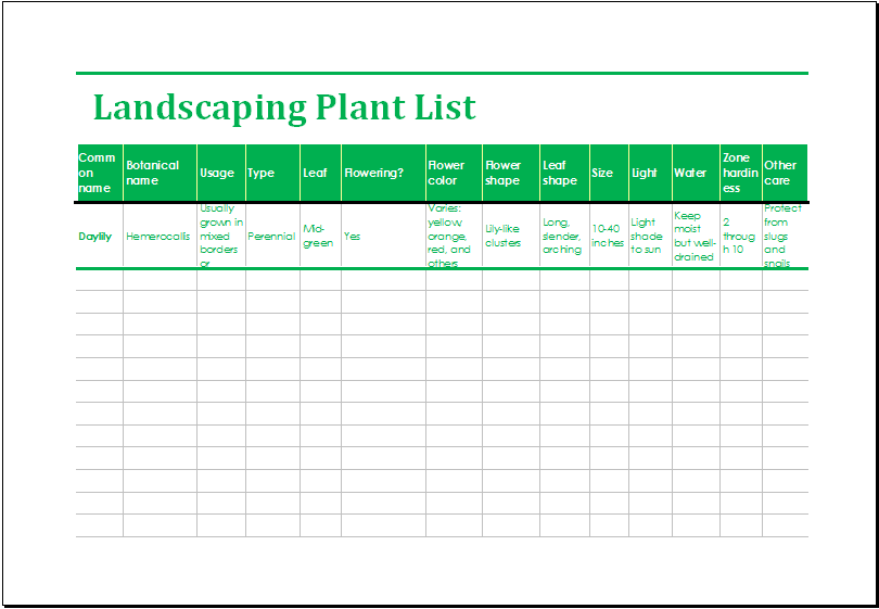 Landscaping Plant List Template MS Excel | Excel Templates