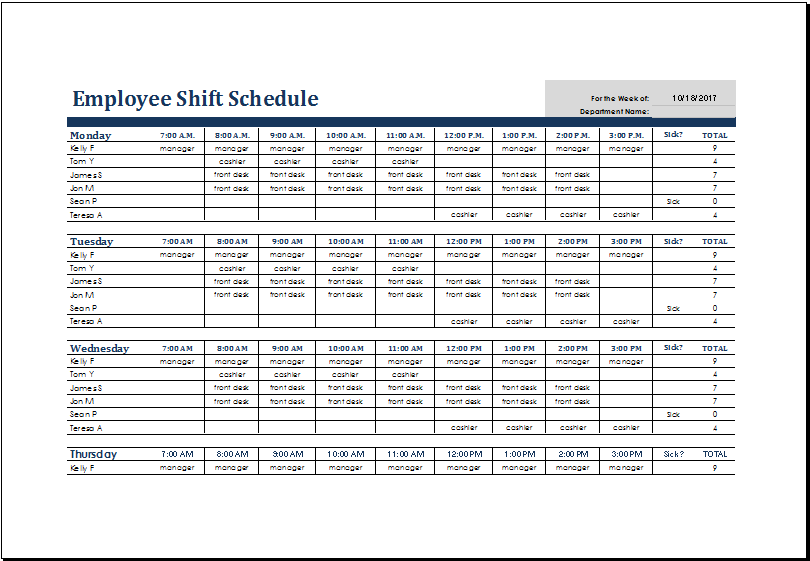 Microsoft Excel Weekly Work Schedule Template