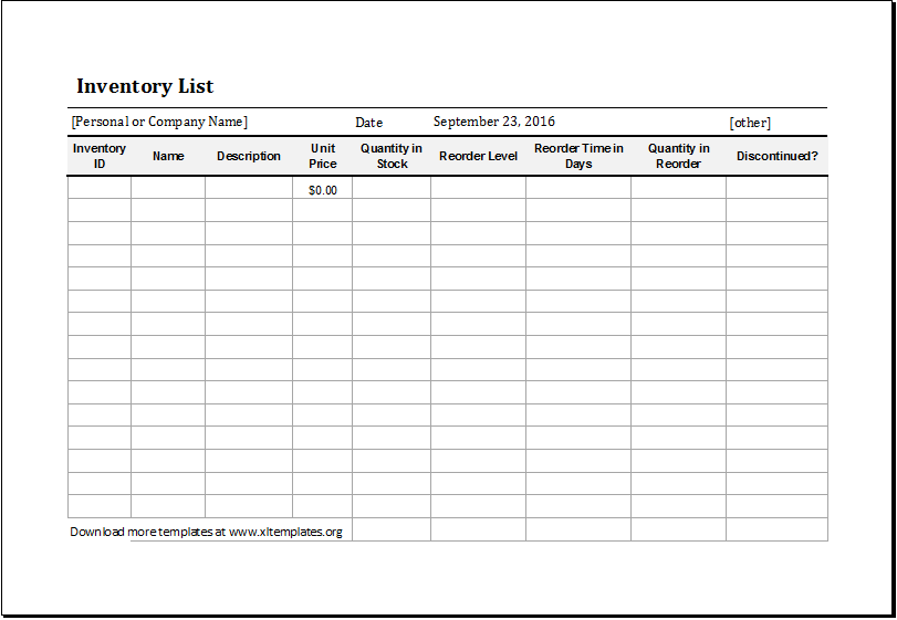 Inventory list template