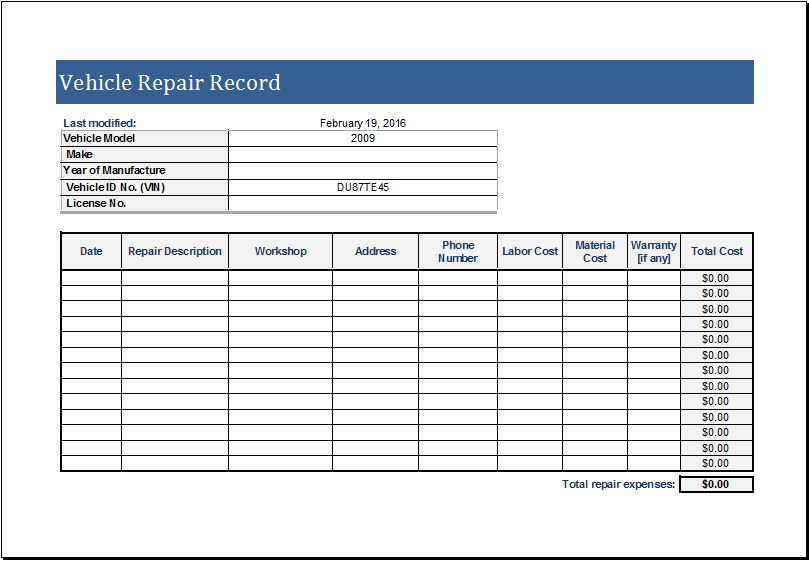 Vehicle Repair Log Template for MS EXCEL | Excel Templates