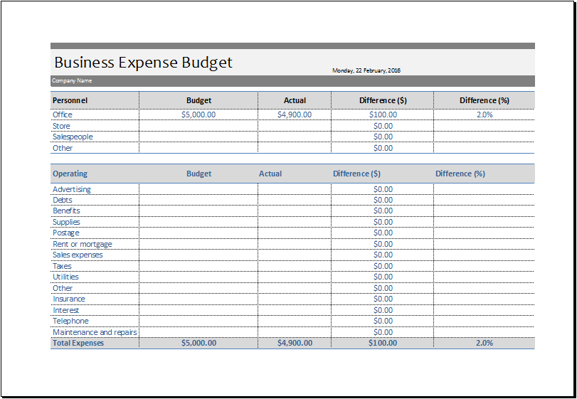 Company Expenses Template from www.xltemplates.org