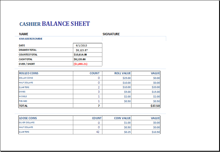 Cashier Balance Sheet Template for EXCEL | Excel Templates