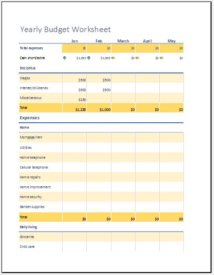 Yearly Budget Worksheet Template for Excel | Excel Templates