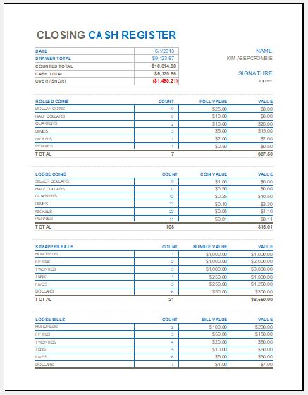 Closing Cash Register Template for MS Excel | Excel Templates
