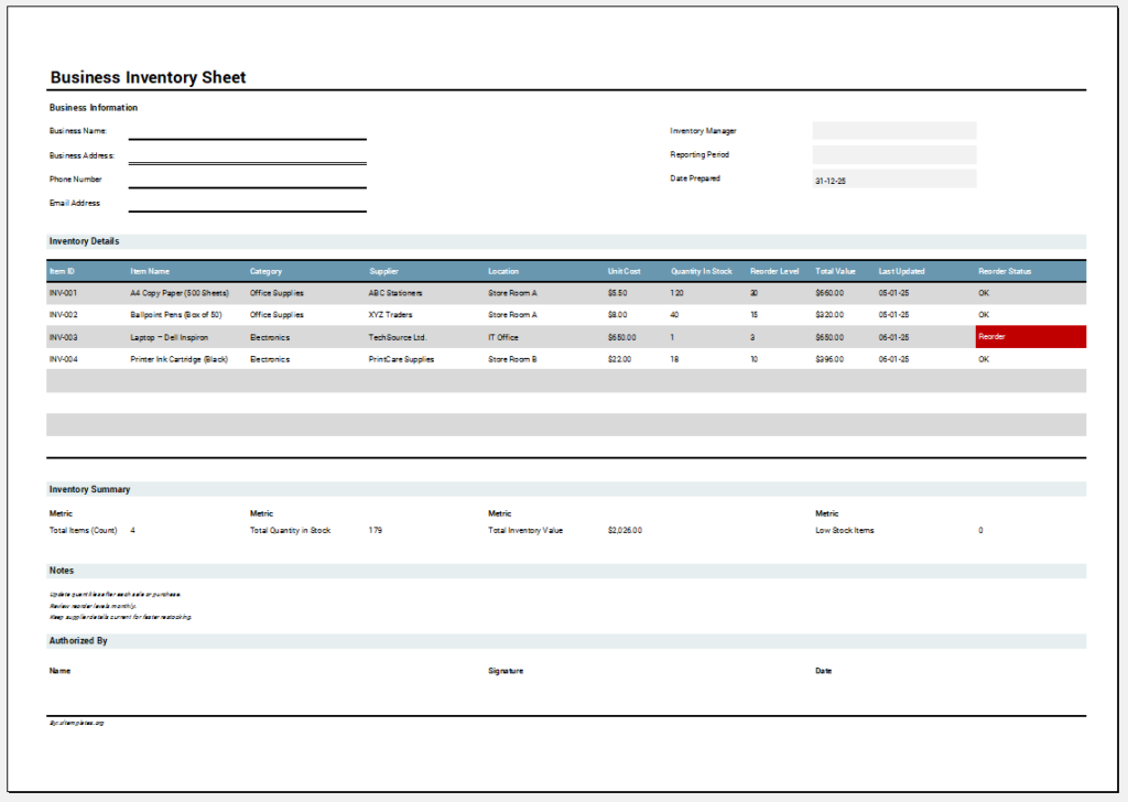 Business Inventory Sheet