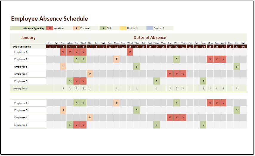 MS Excel Employee Absence Schedule Template Excel Templates