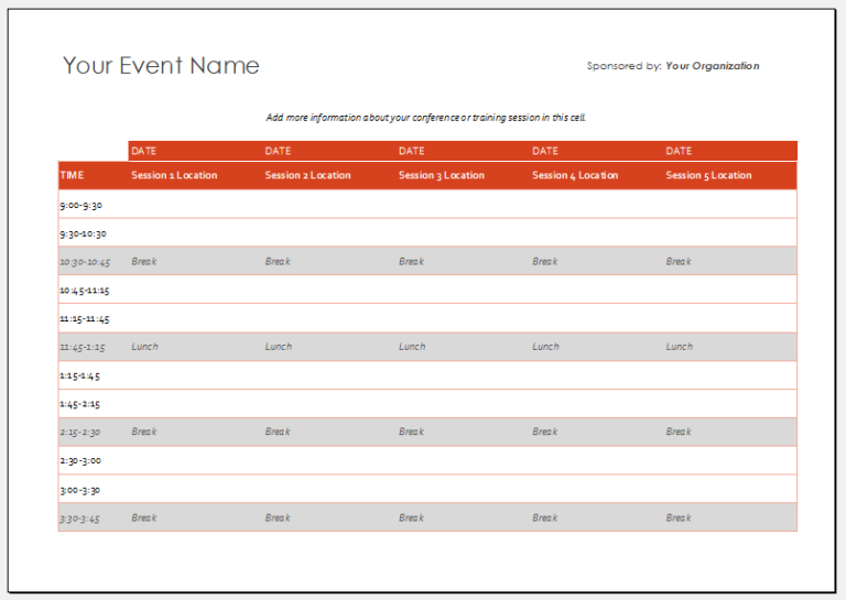 MS Excel Multiple Day Event Schedule Template Excel Templates