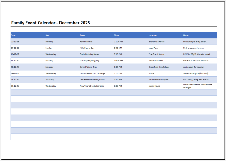 Family Event Calendar Templates for MS Excel | Download/Save