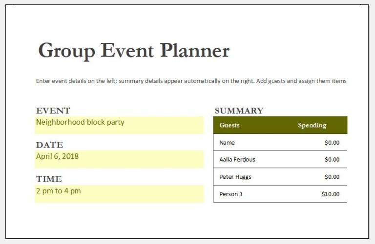 MS Excel Multiple Day Event Schedule Template