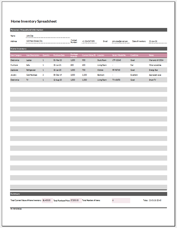 Home Inventory Spreadsheet Template