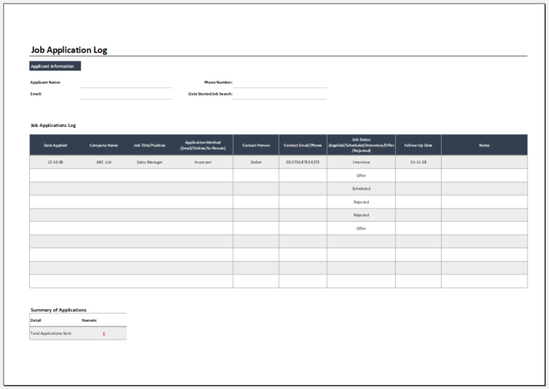 Printable Job Application Log Template for Excel | Download