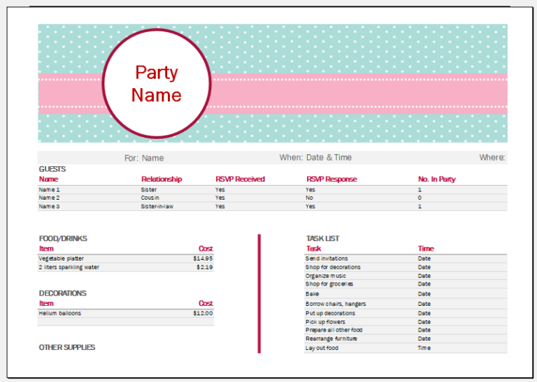 Dinner Party List with Menu Template for Excel Excel Templates