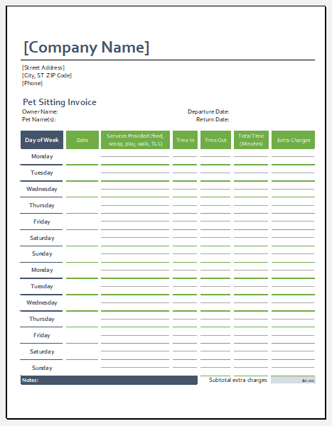 Ms Excel Printable Pet Sitting Invoice Template Excel Templates