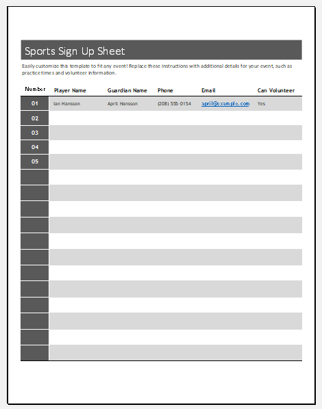 Sports Sign Up Sheet Template for Excel