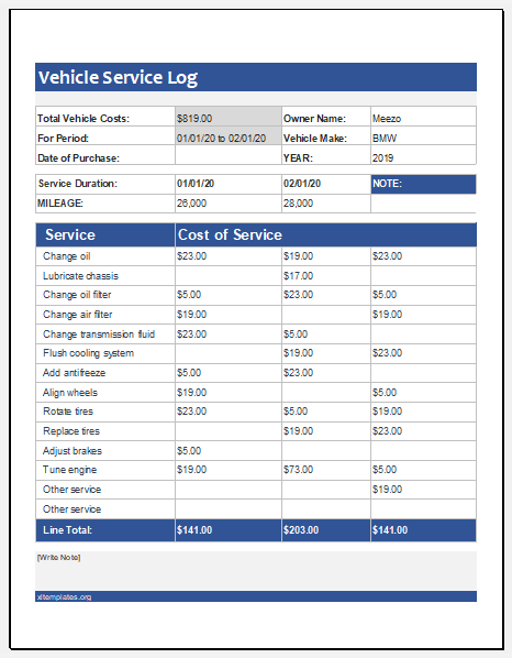 Vehicle Service Log Template