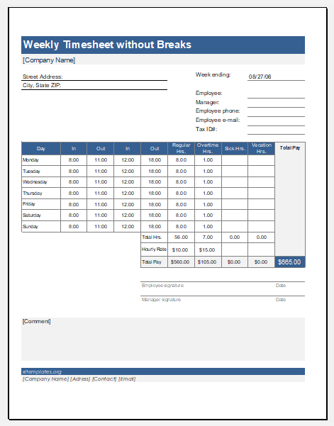 Weekly Timesheet without Break Template