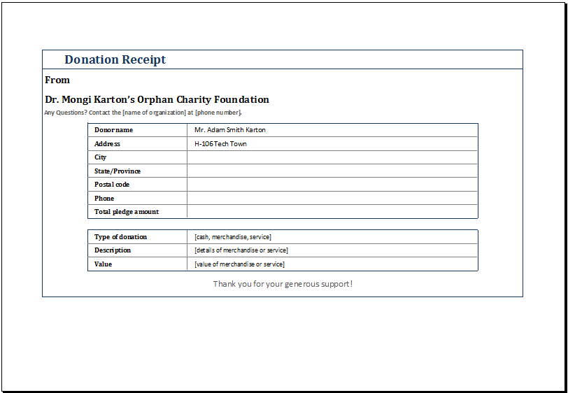 Cash Donation Receipt Template