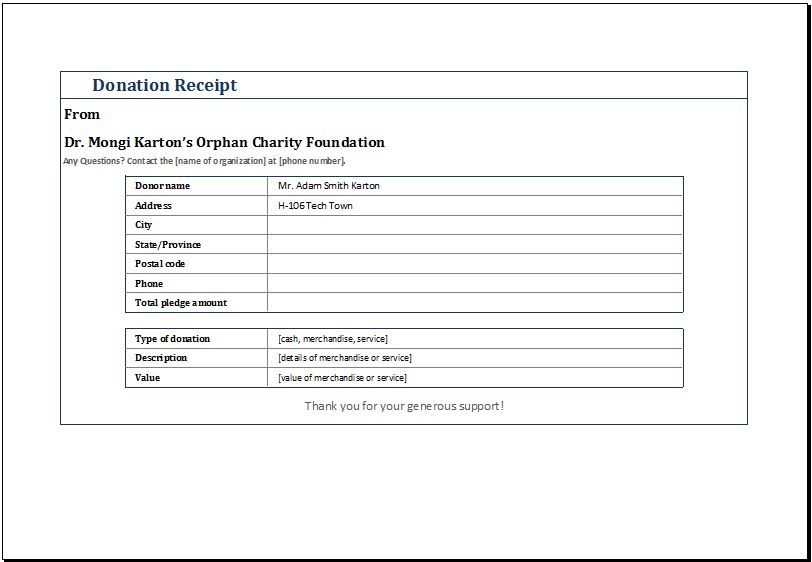 MS Excel Printable Donation Receipt Template