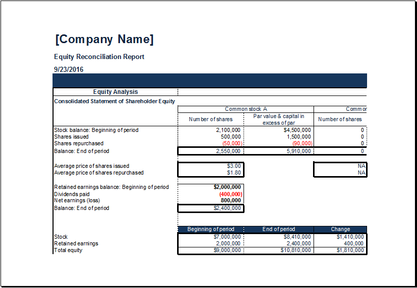 MS Excel Equity Reconciliation Report Template  Excel 