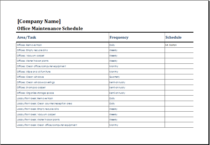 Office Maintenance Schedule Template MS Excel | Excel ...