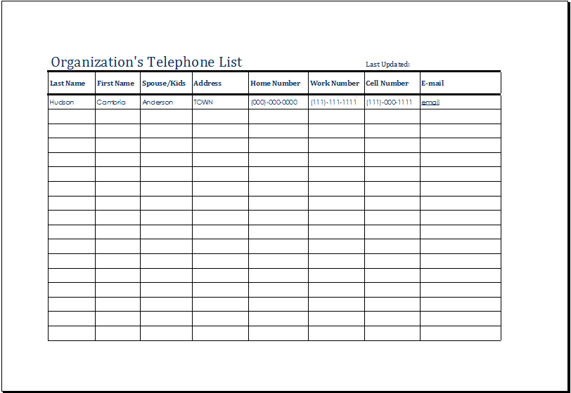 Organization's Telephone List Templates Excel Templates