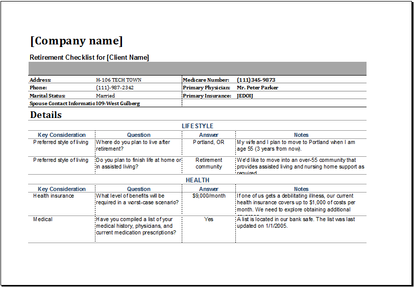 Retirement Checklist Template For MS Excel Excel Templates