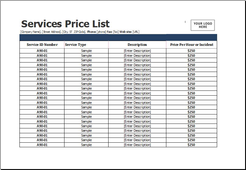 Services Price List Templates for MS Excel Excel Templates