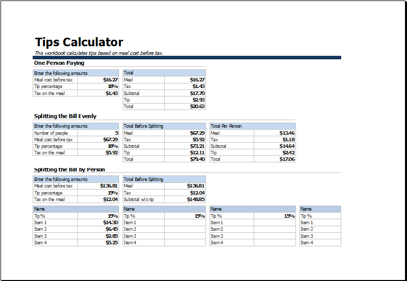 MS Excel Printable Tips Calculator Tempate  Excel Templates