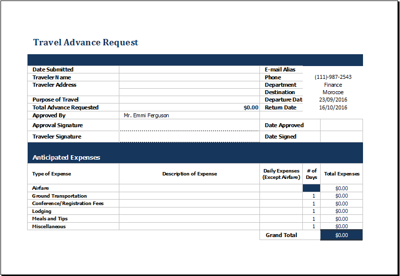 Travel Request Form Template Word Free Download