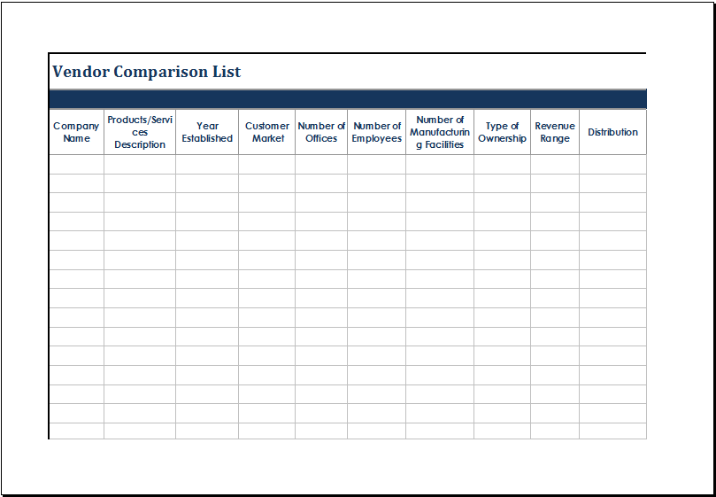 Vendor comparison list template