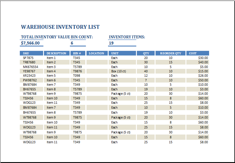 MS Excel Warehouse Inventory List Template | Excel Templates