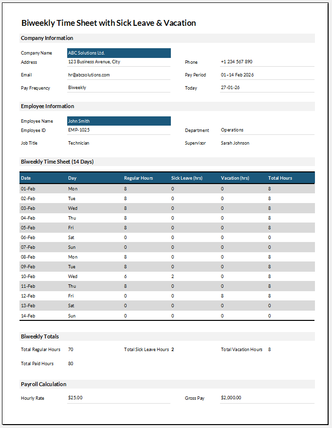 Biweekly Time Sheet with Sick Leave & Vacation