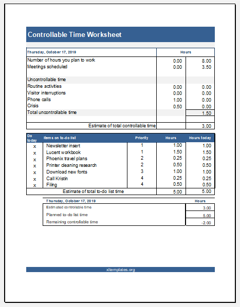 Controllable Time Worksheet Template