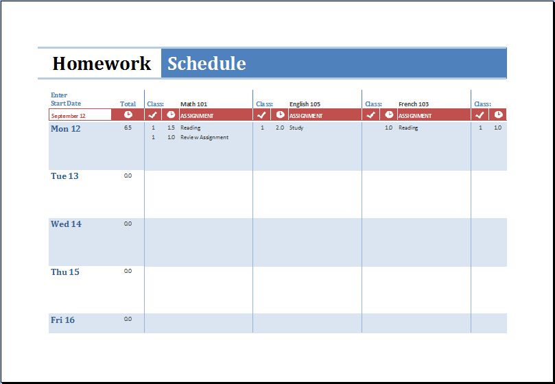 MS Excel Printable Homework Schedule Template | Excel Templates