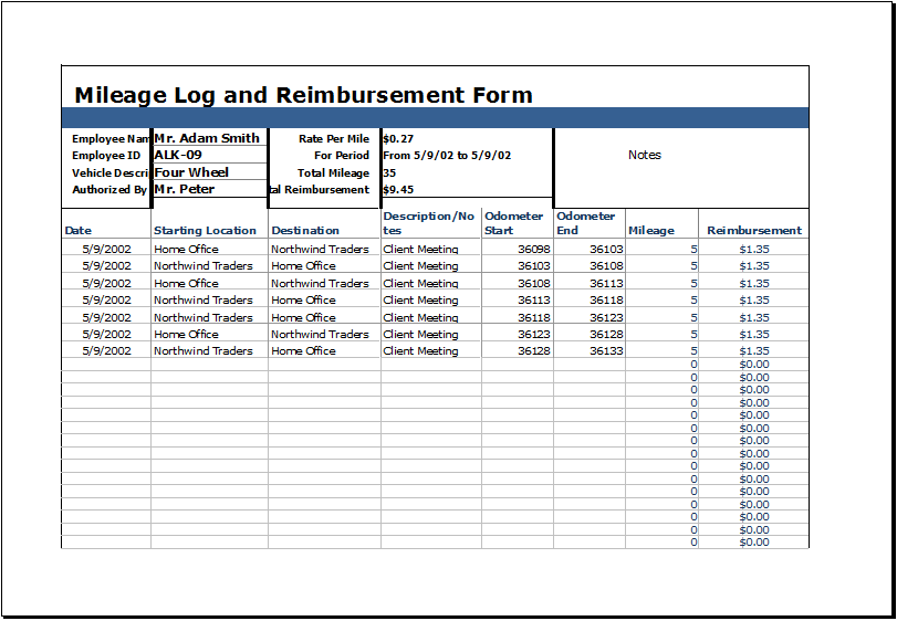 Mileage Reimbursement Log Excel Templates