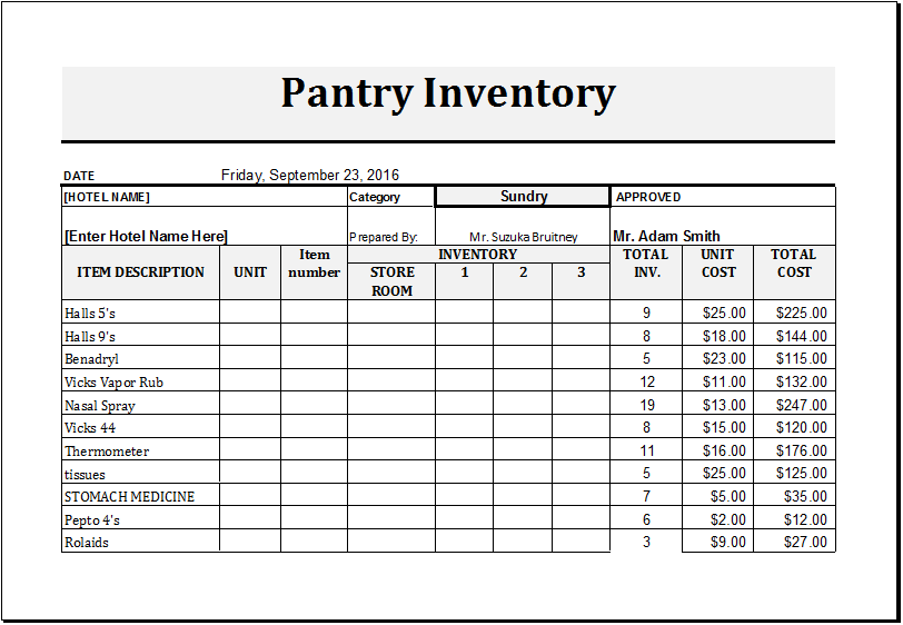 Pantry inventory list template