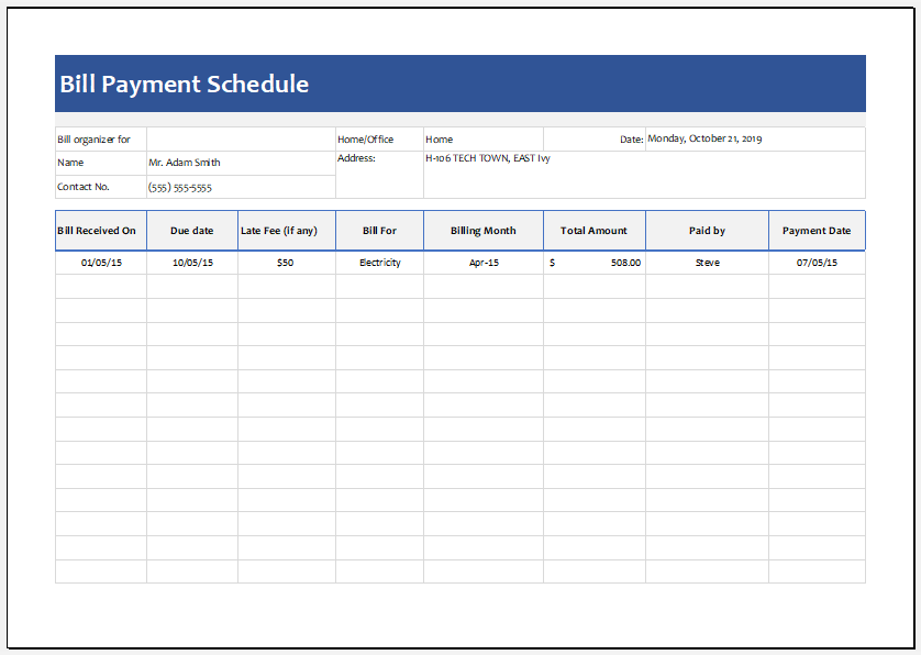 Bill Payment Schedule Template Excel from www.xltemplates.org