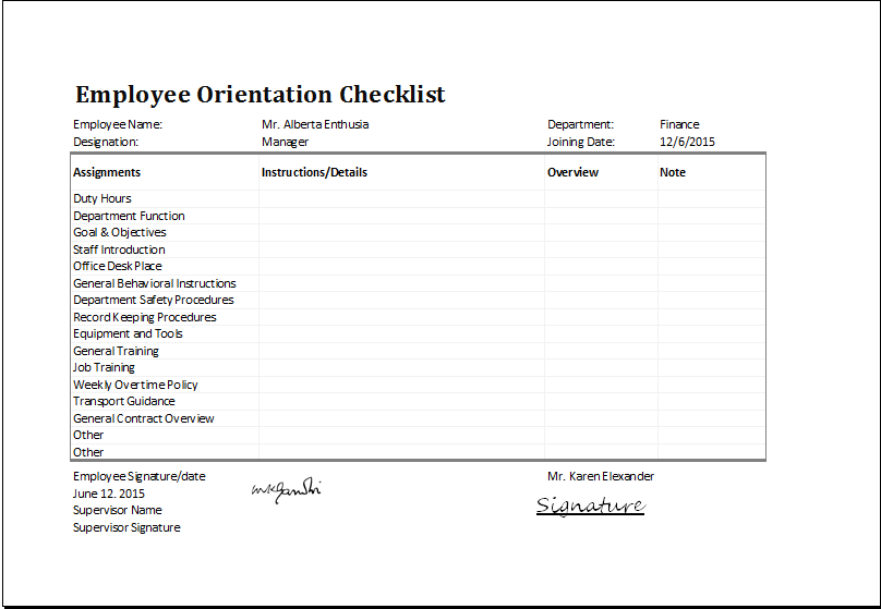 Office Orientation Checklist Remar