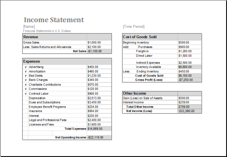 MS Excel Income Statement Editable Printable Template | Excel Templates