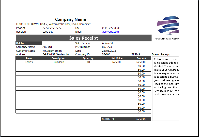 Collection of Professional Business Receipts  Excel Templates