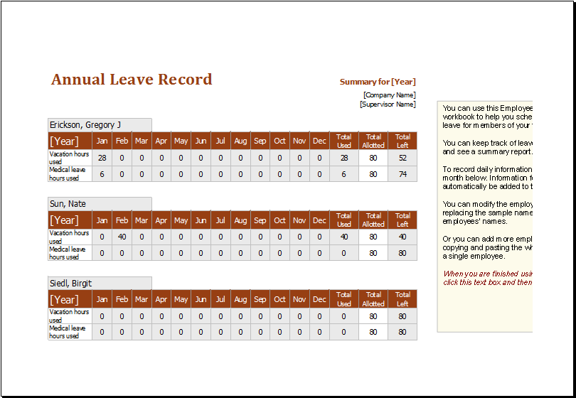 Employee Annual Leave Record Spreadsheet Editable MS Excel Template