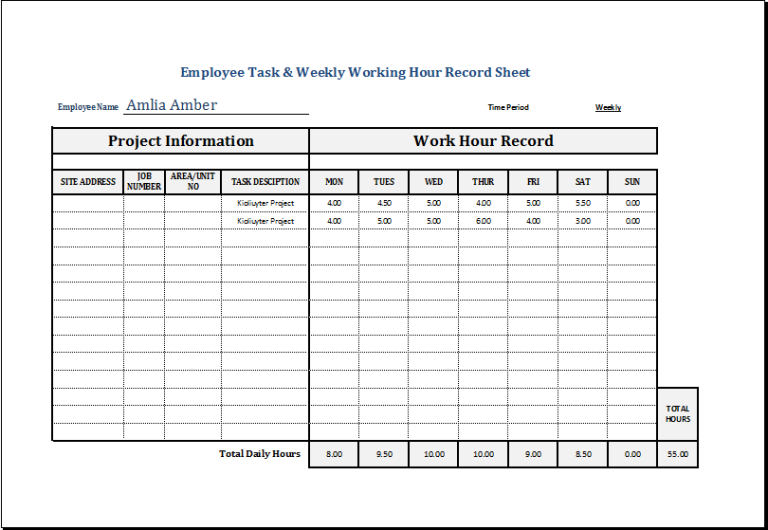 Employee Task & Weekly Working Hour Record Sheet | Excel Templates