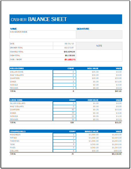 Cashier Balance Sheet Template For Excel Excel Templates