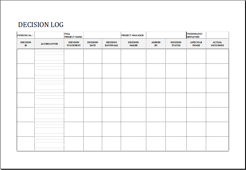 Printable Decision Log Templates for EXCEL Excel Templates