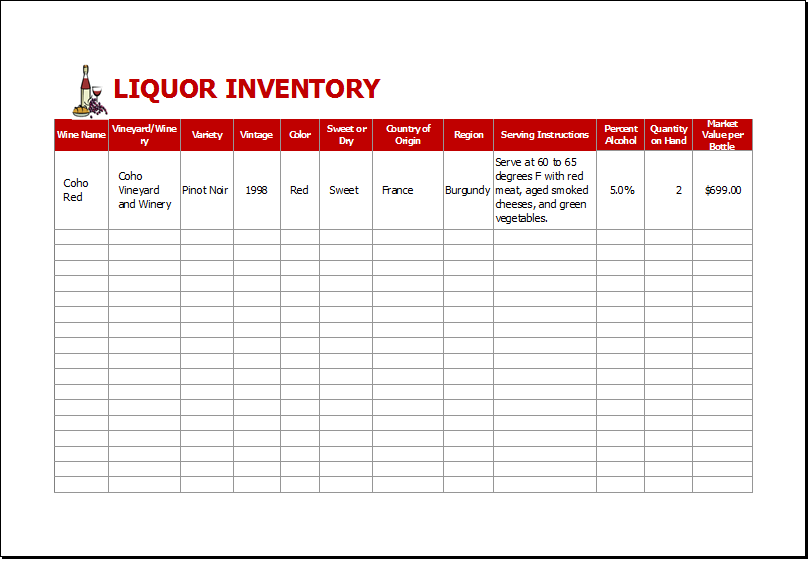 Liquor inventory sheet