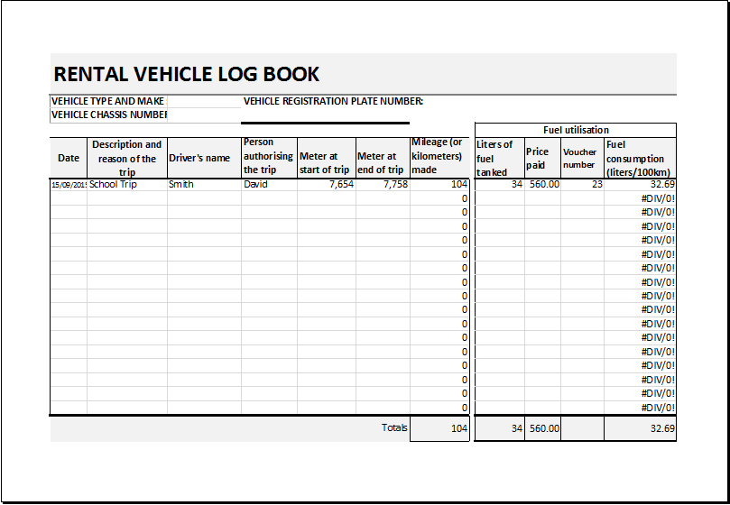 Car Mileage Log Book Template