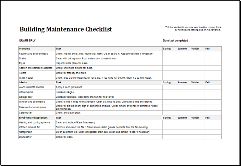 Building Maintenance Checklist Templates 7 Free Docs Xlsx Pdf