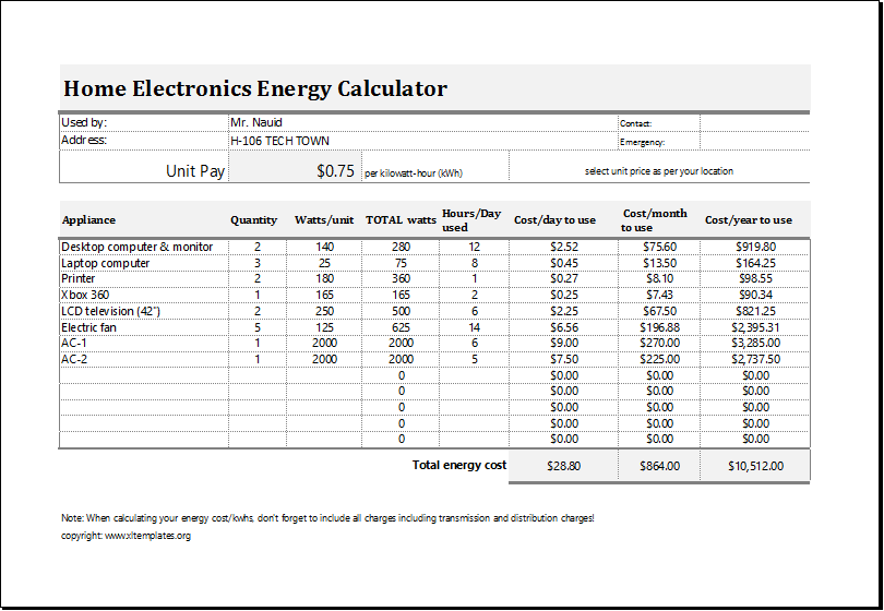 Electric Energy Cost Calculator Template for EXCEL  Excel 