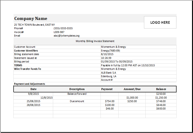Monthly billing invoice statement